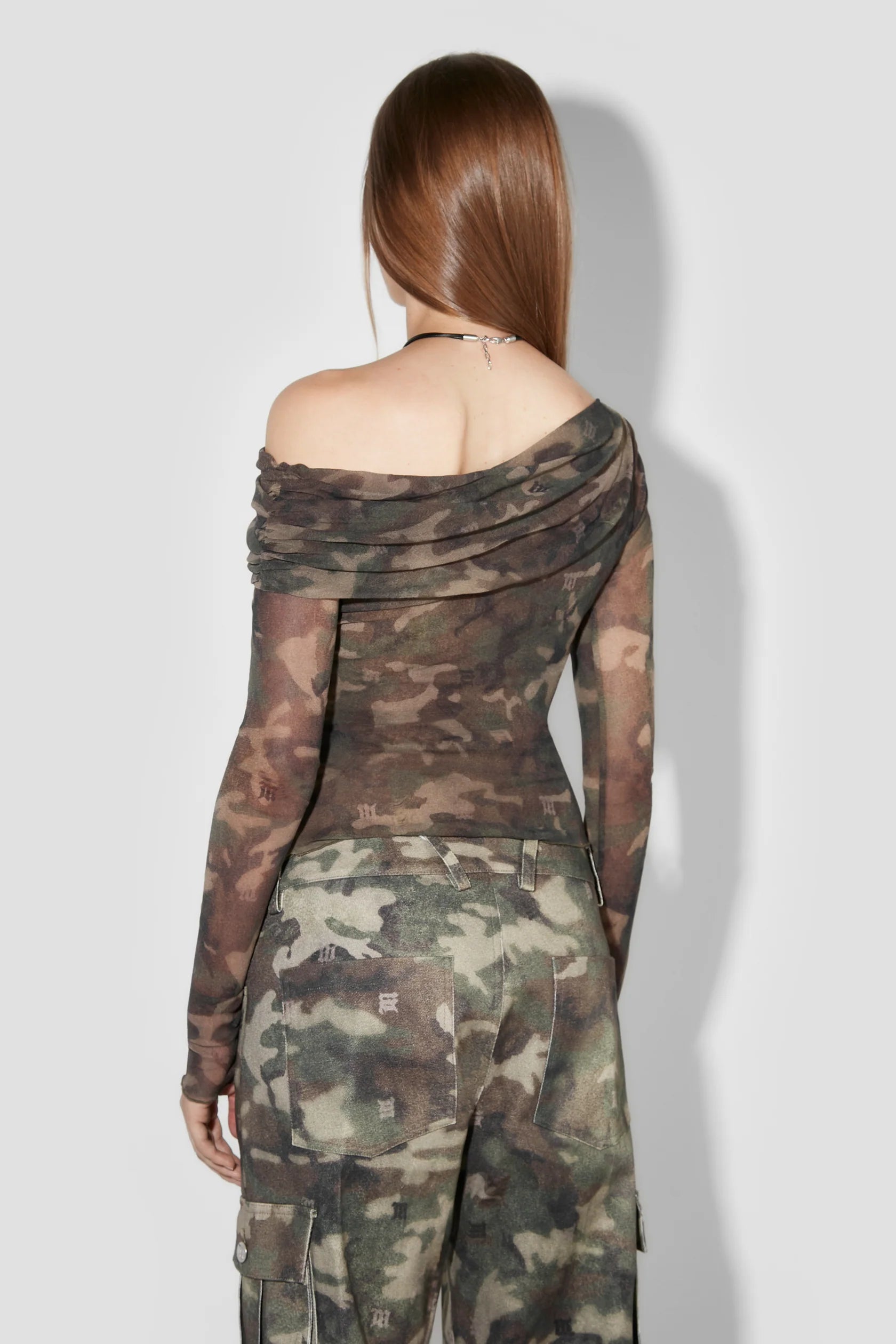 Camo Mesh Off-Shoulder Longsleeve