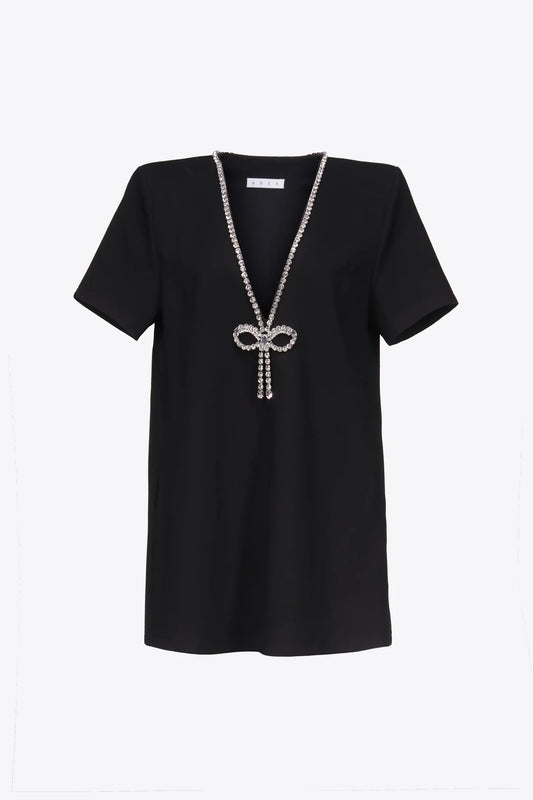 Crystal Bow V-Neck T-Shirt Dress