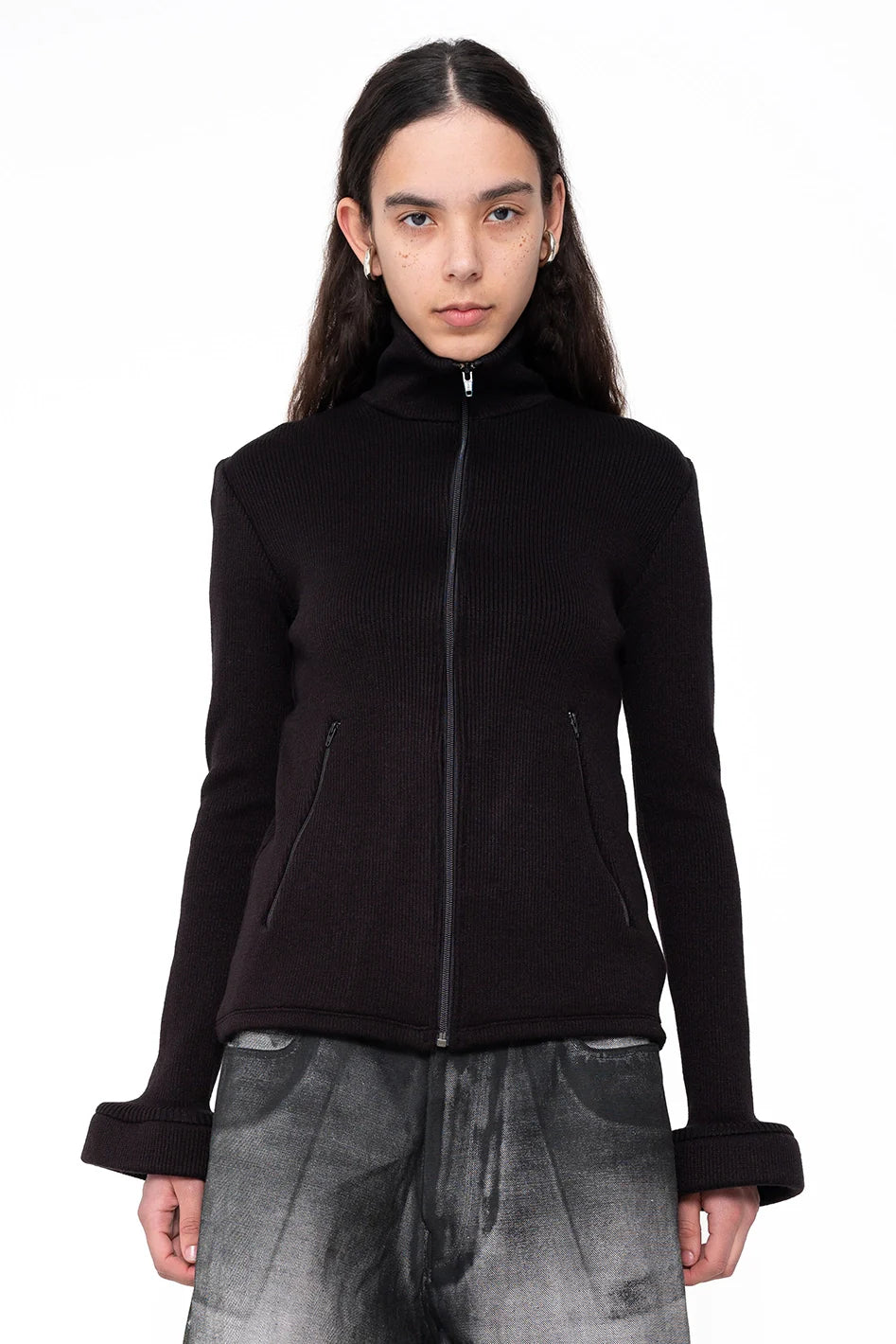 Circle Cuff Zip Up Cardigan