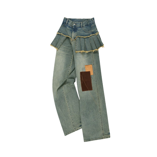 Patchwork Denim Pleats Skirt Jeans