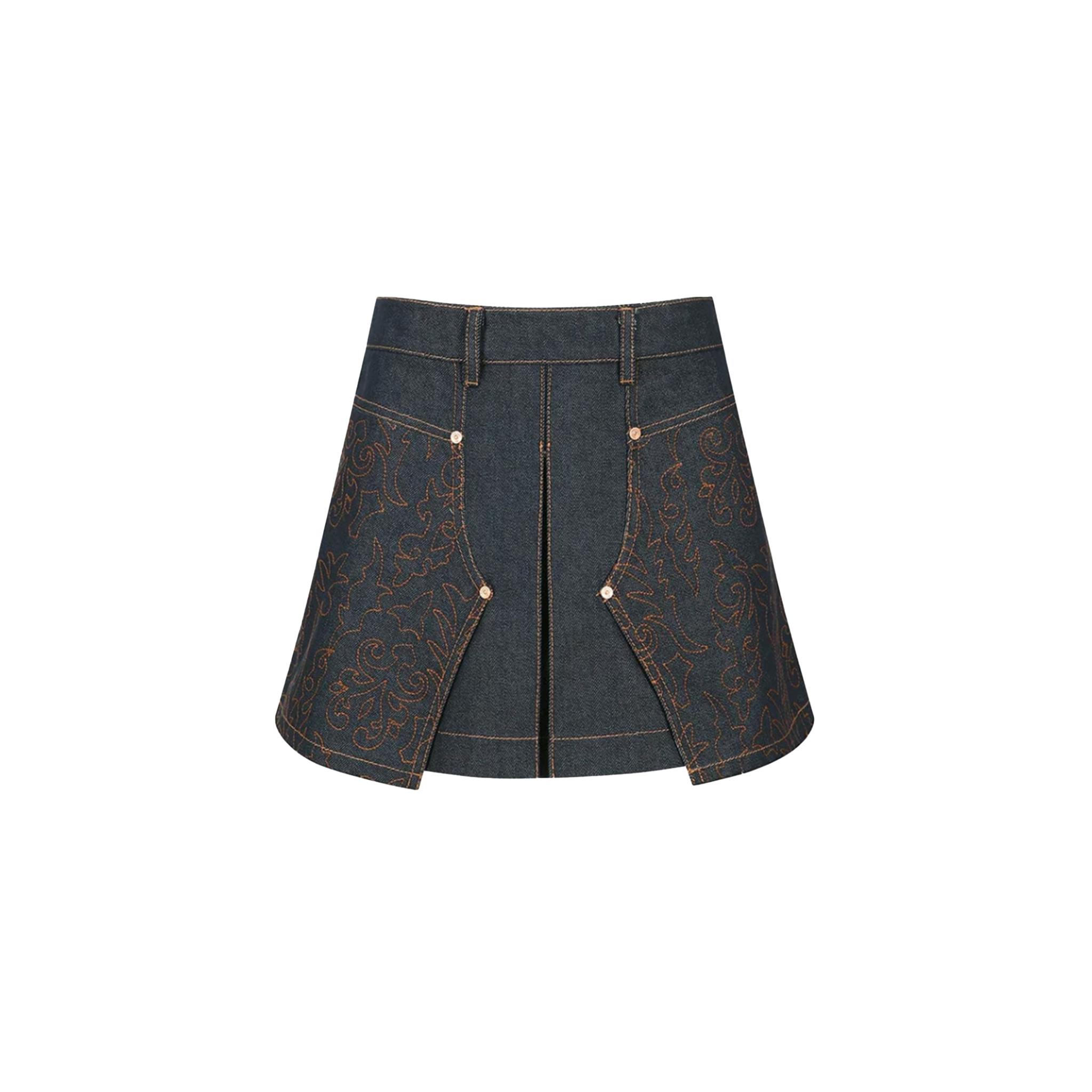 Embroidery Panel Pleated Denim Skirt