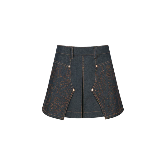 Embroidery Panel Pleated Denim Skirt