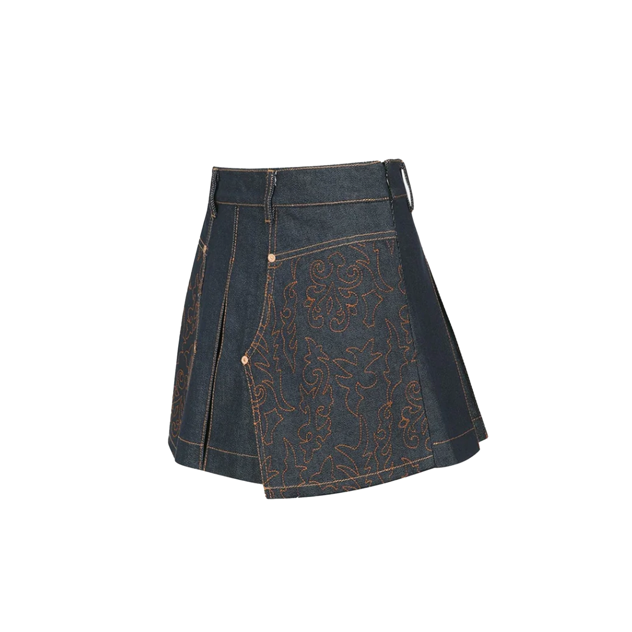 Embroidery Panel Pleated Denim Skirt
