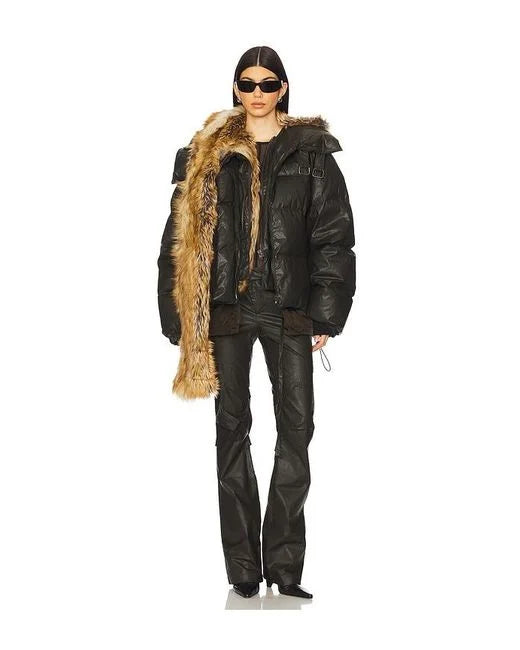 Black Woven Deconstructed Double Zip Puffer Jacket