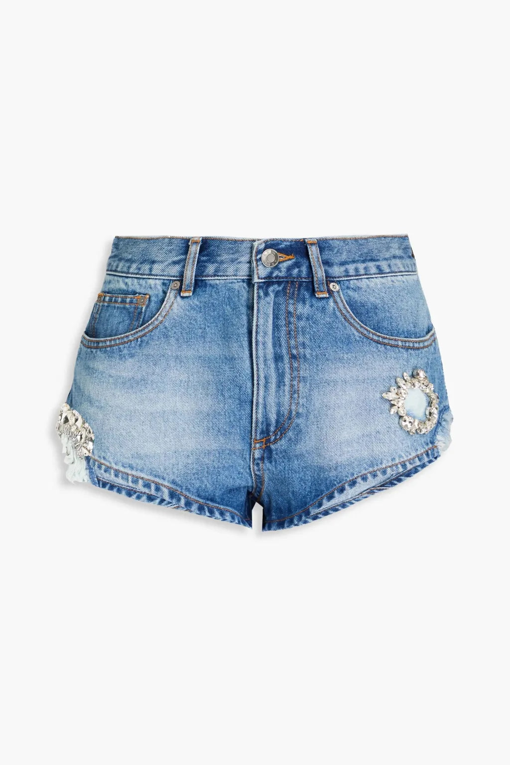 Crystal-Embellished Distressed Denim Shorts