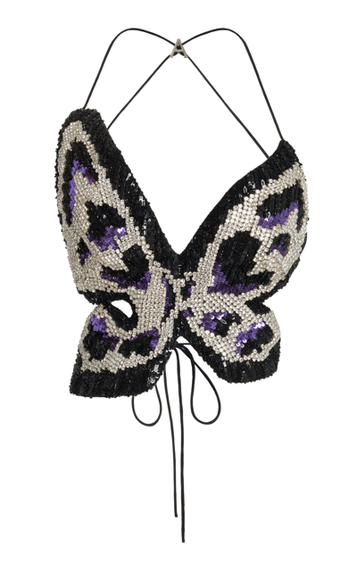 Embroidered Crystal Paillette Butterfly Crop Top