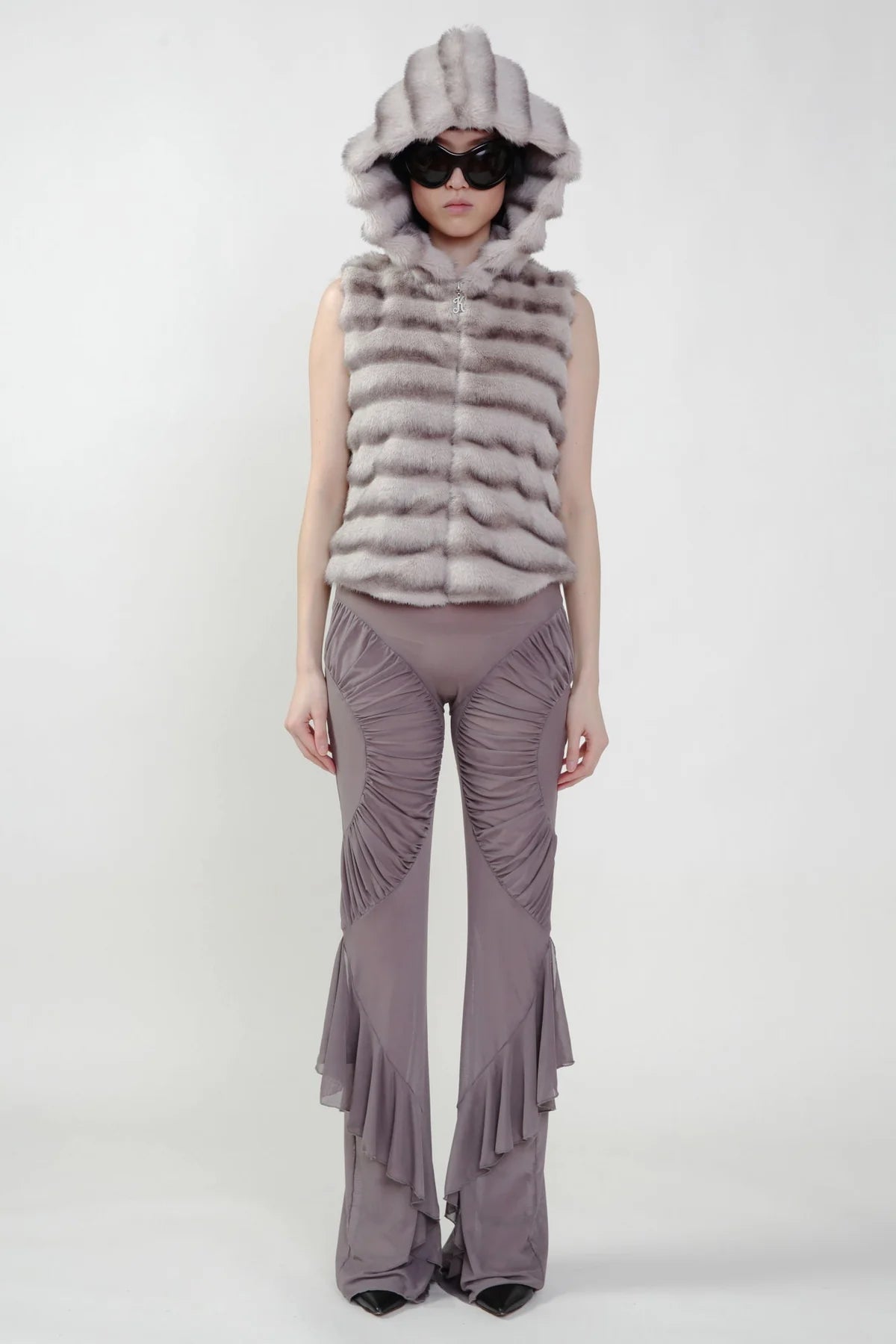 Grey Mesh Draped Pants