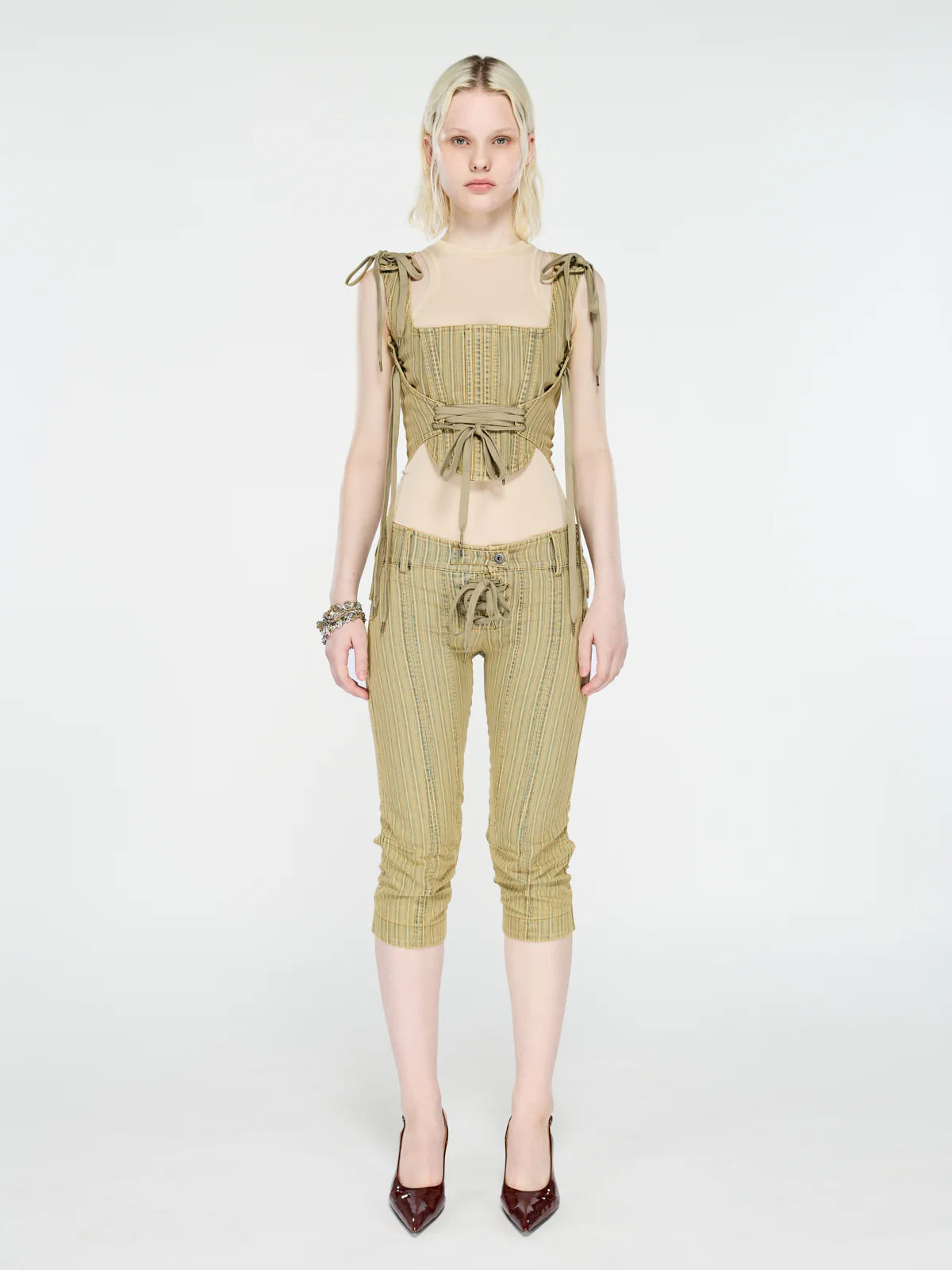 GFRC Capri Wash Striped Denim Capri With Lacing Details