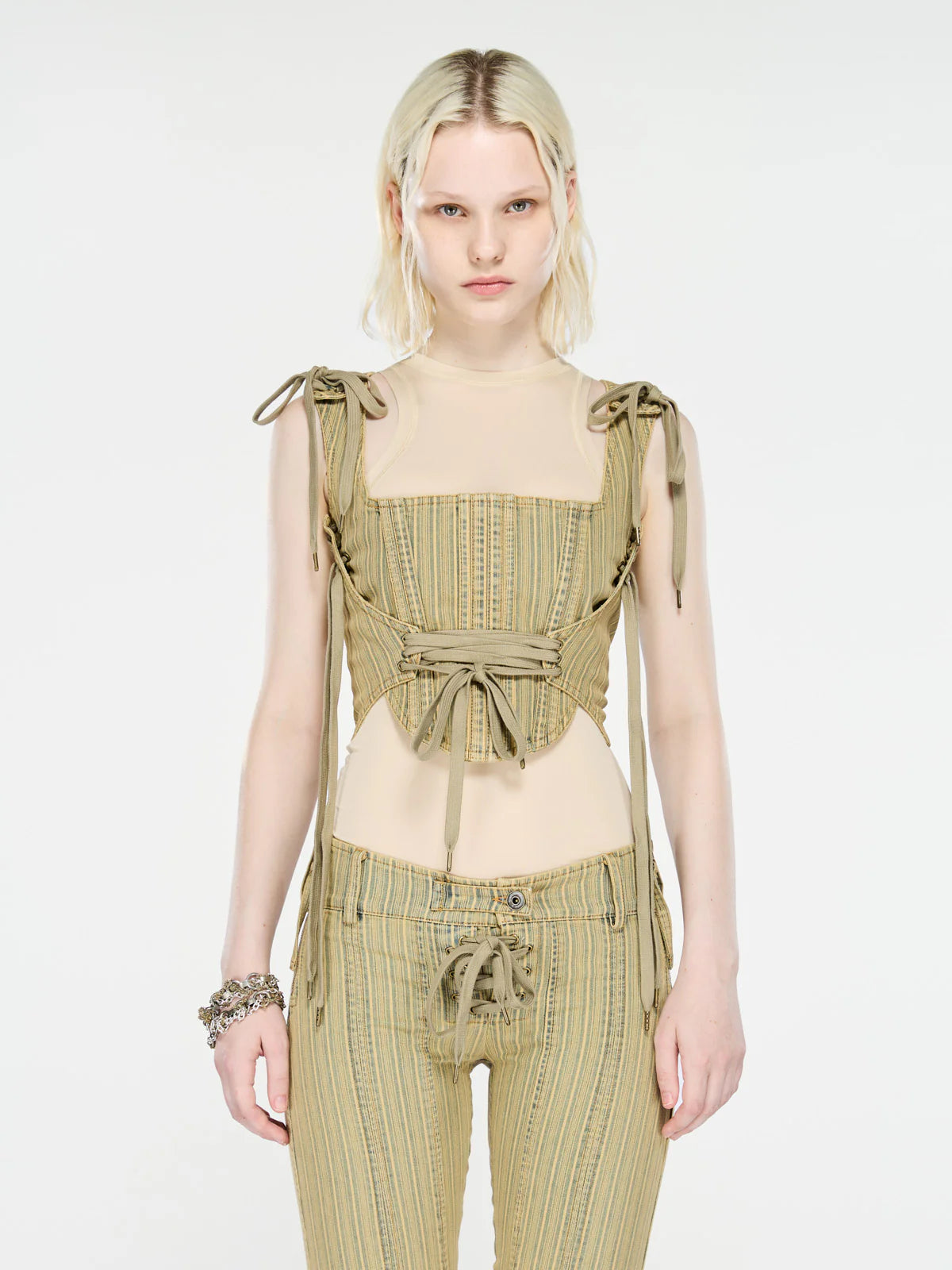 GFRC Corset Wash Striped Denim Bustier With Lacing Details