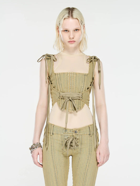 GFRC Corset Wash Striped Denim Bustier With Lacing Details