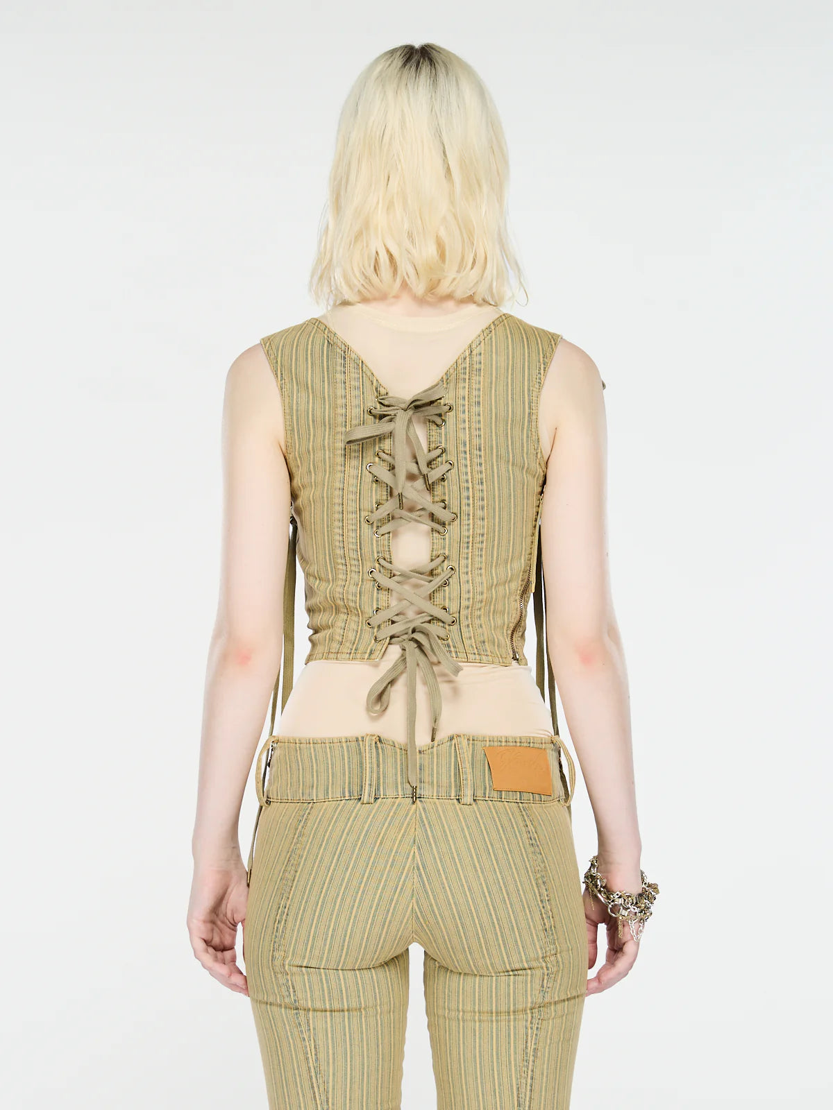 GFRC Corset Wash Striped Denim Bustier With Lacing Details