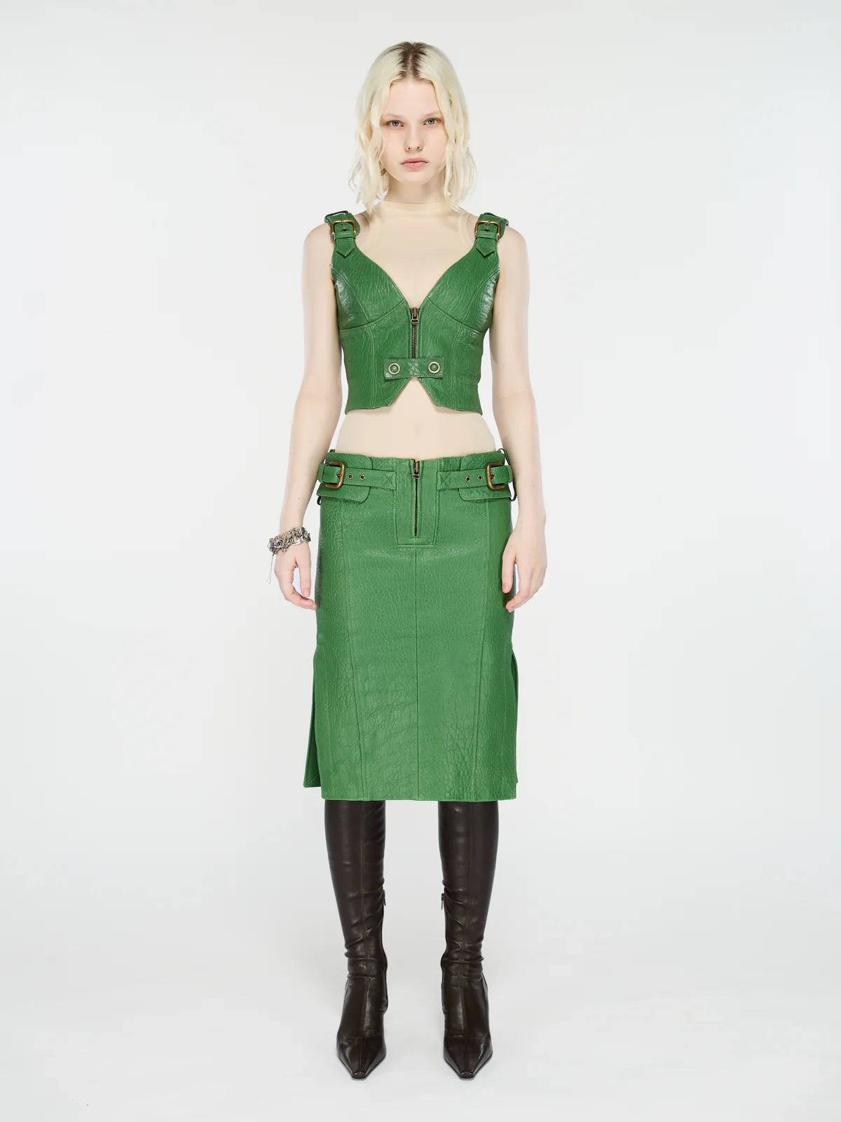 Velox Skirt Mid Length Leather Skirt With Strap Details