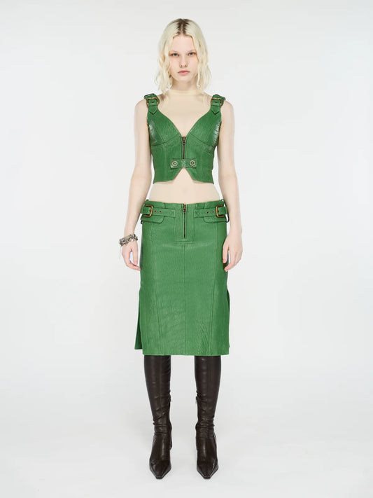 Velox Skirt Mid Length Leather Skirt With Strap Details