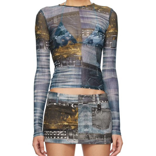Blue Printed Long Sleeve T-Shirt