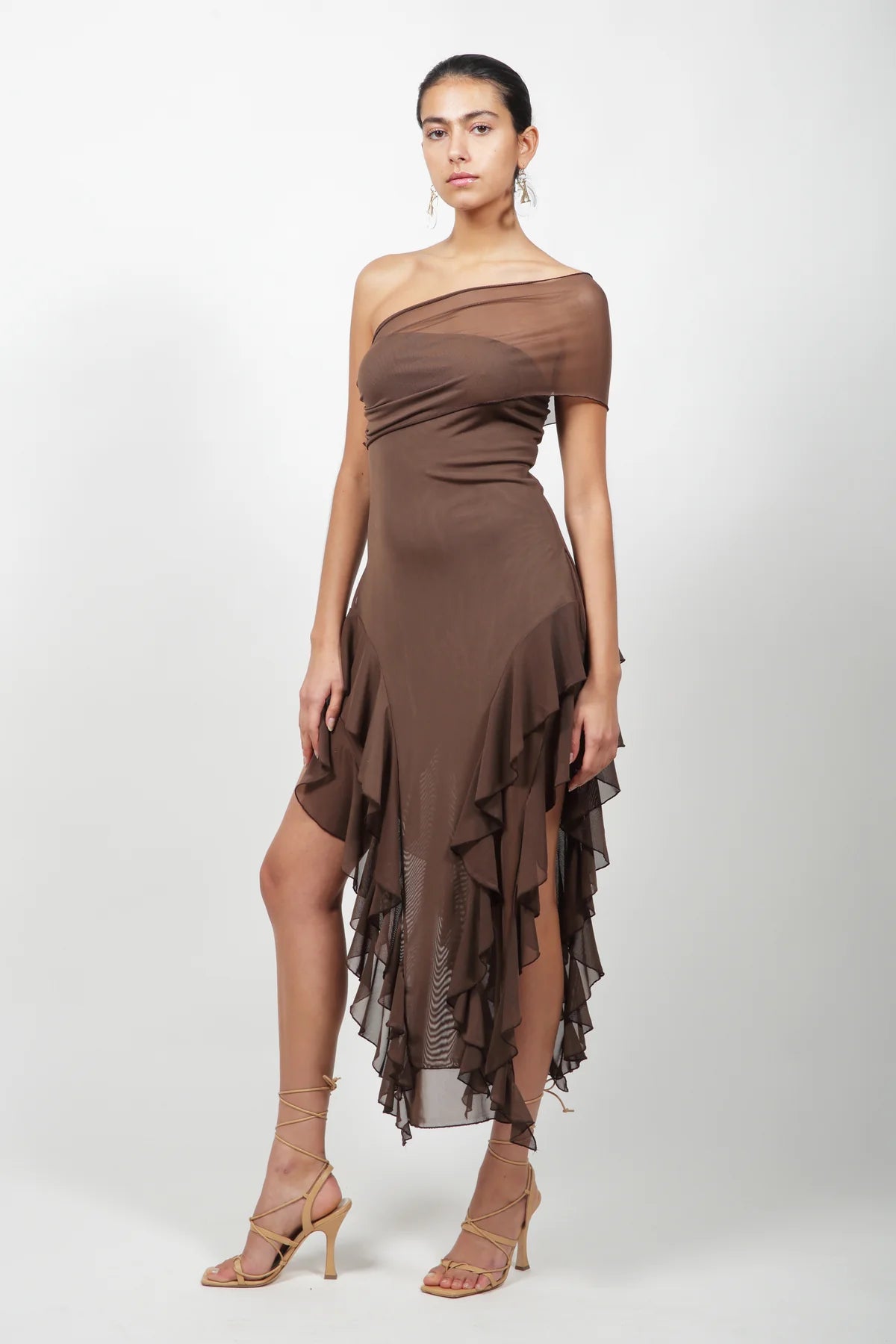 Brown Ruffle Mesh Dress