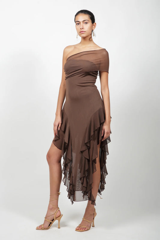 Brown Ruffle Mesh Dress