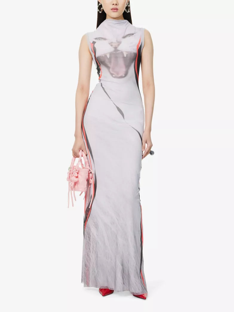 Cat Print Mesh Maxi Dress