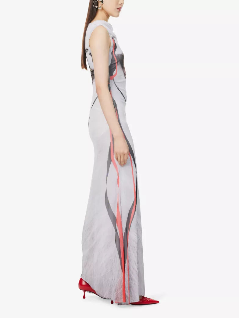 Cat Print Mesh Maxi Dress