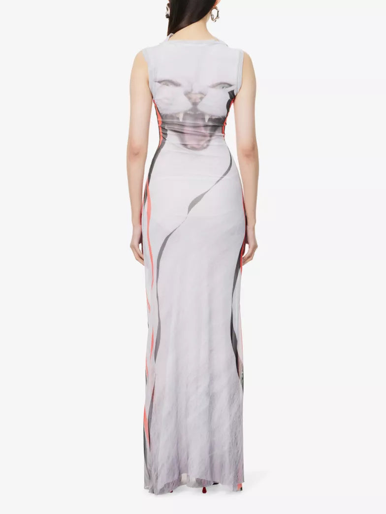Cat Print Mesh Maxi Dress
