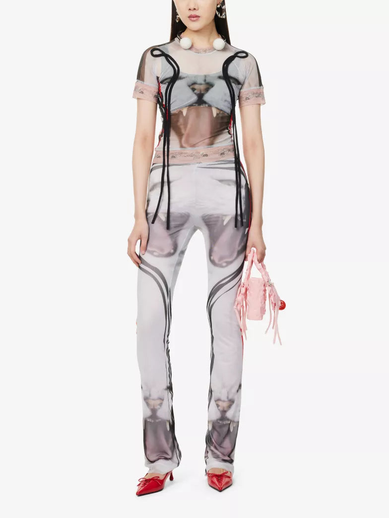 Cat Print Mesh T Shirt