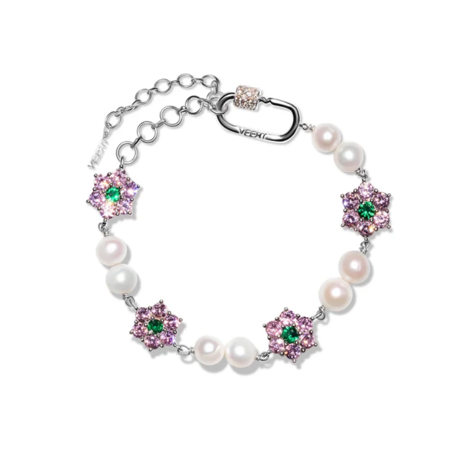 MACRO Green & Pink Flower Freshwater Pearl Bracelet