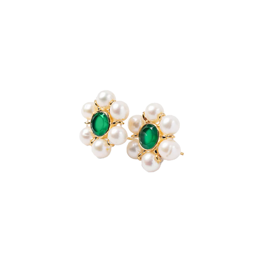 The Macro Flower Pearl Earring Pair in Yellow Gold