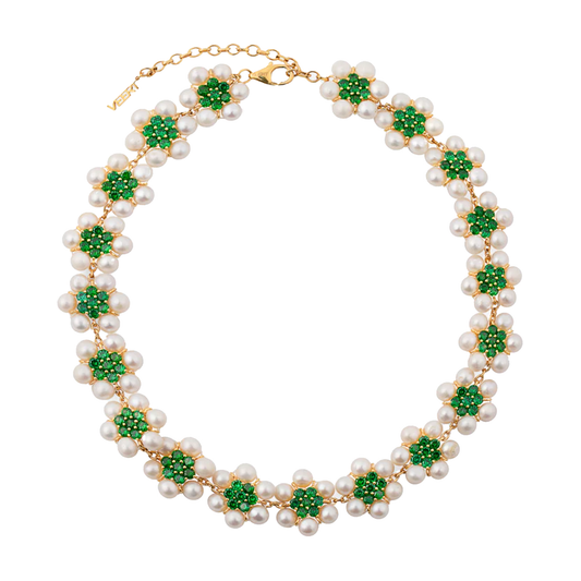 The 114 Pearl Green Flower Necklace in Yellow Gold