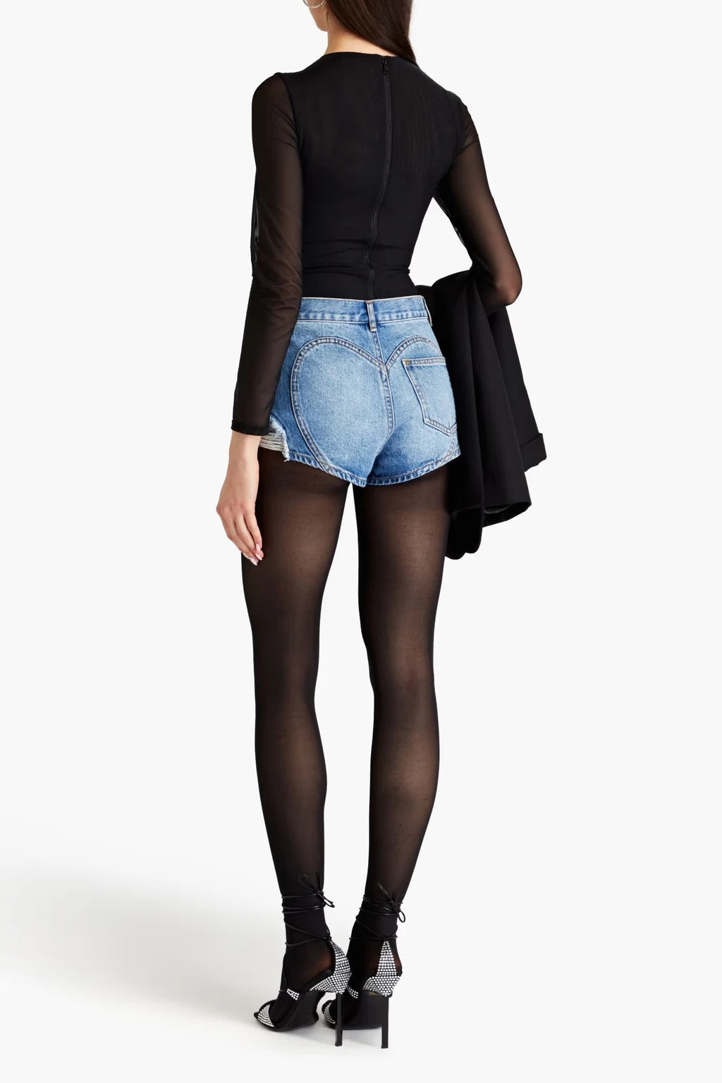 Crystal-Embellished Distressed Denim Shorts