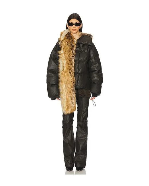 Black Woven Deconstructed Double Zip Puffer Jacket