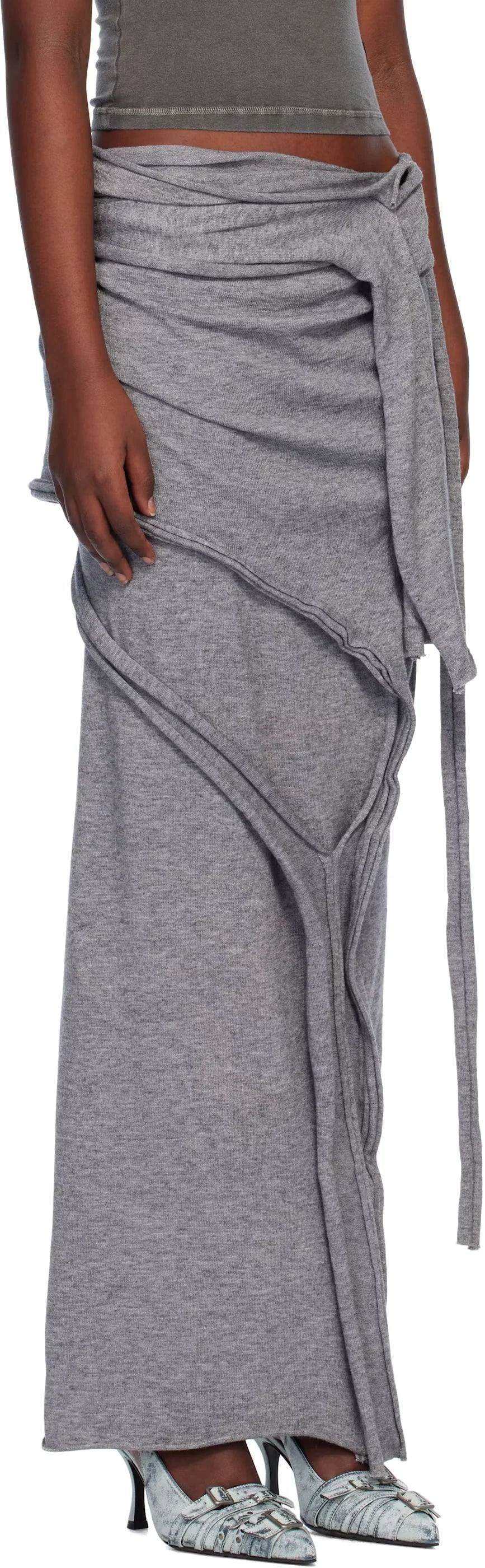Gray Drape Strap Knit Maxi Skirt
