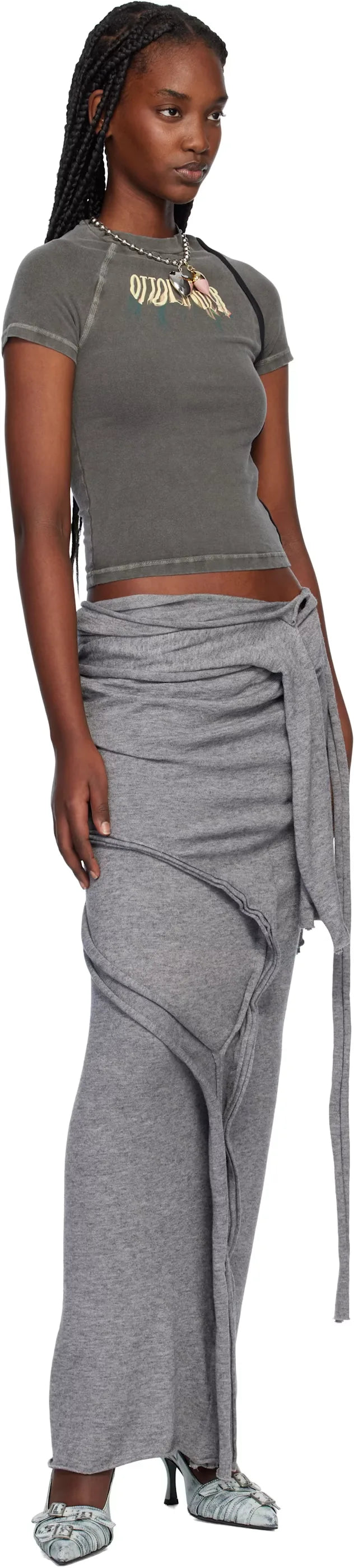 Gray Drape Strap Knit Maxi Skirt