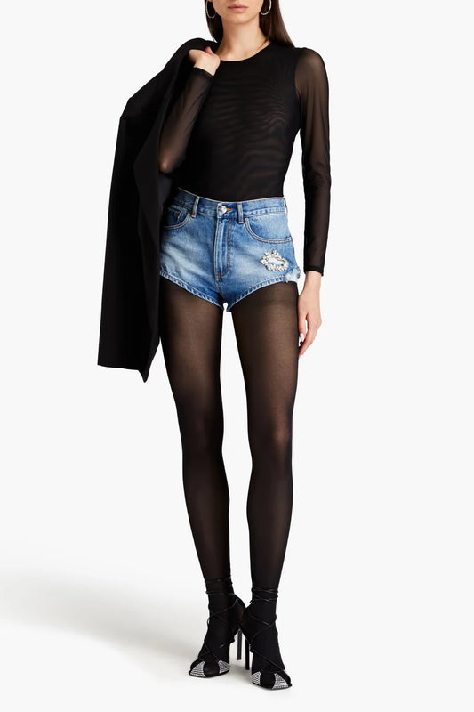 Crystal-Embellished Distressed Denim Shorts